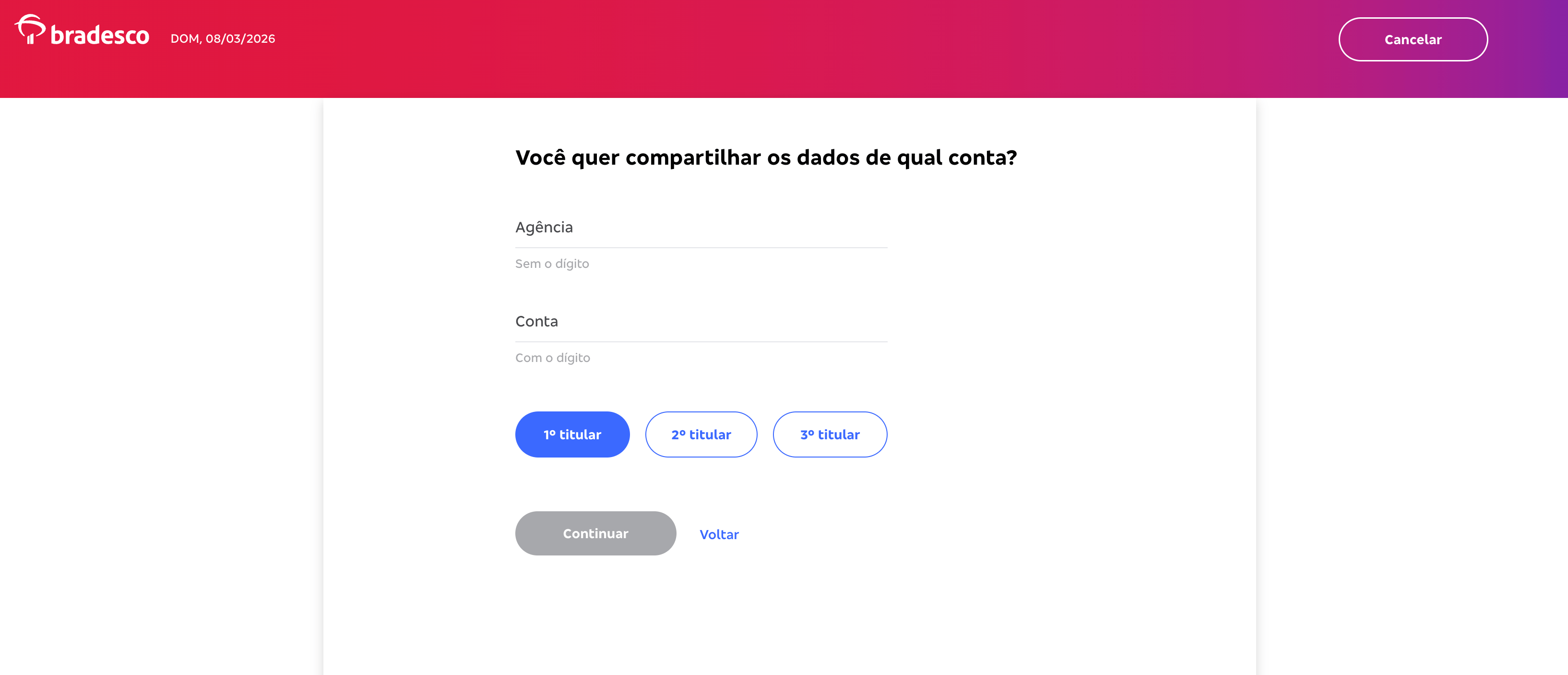 Tela de consentimento do Open Finance do Bradesco pedindo dados da conta para compartilhamento