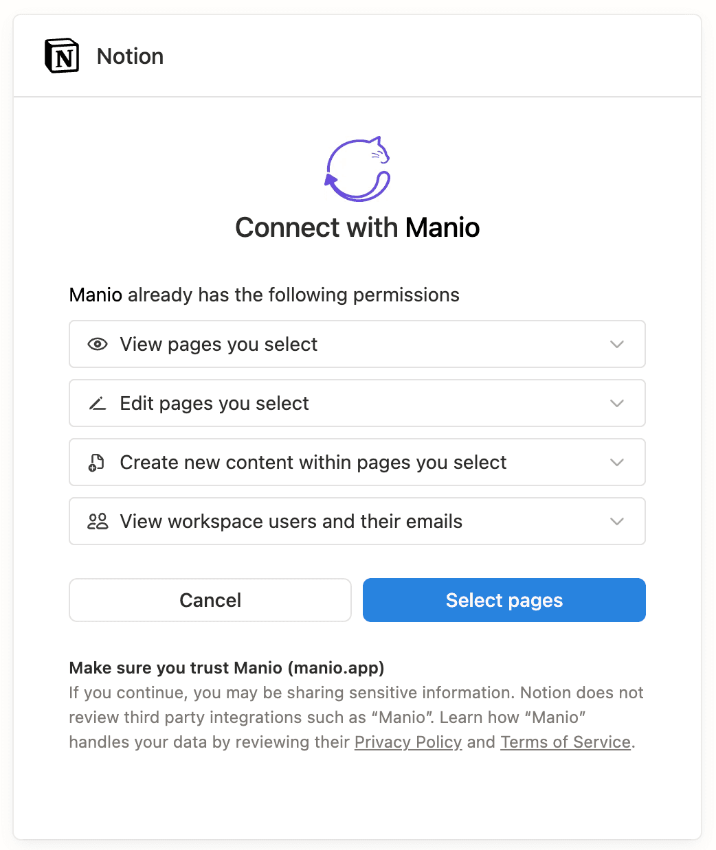 Tela de autorização do Notion com botão Conectar com Manio