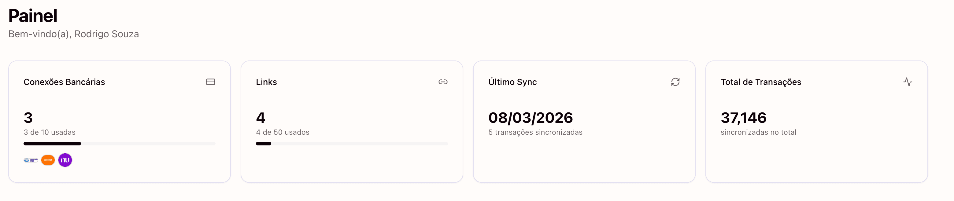 Painel do Manio mostrando conexão bancária e destino YNAB configurados