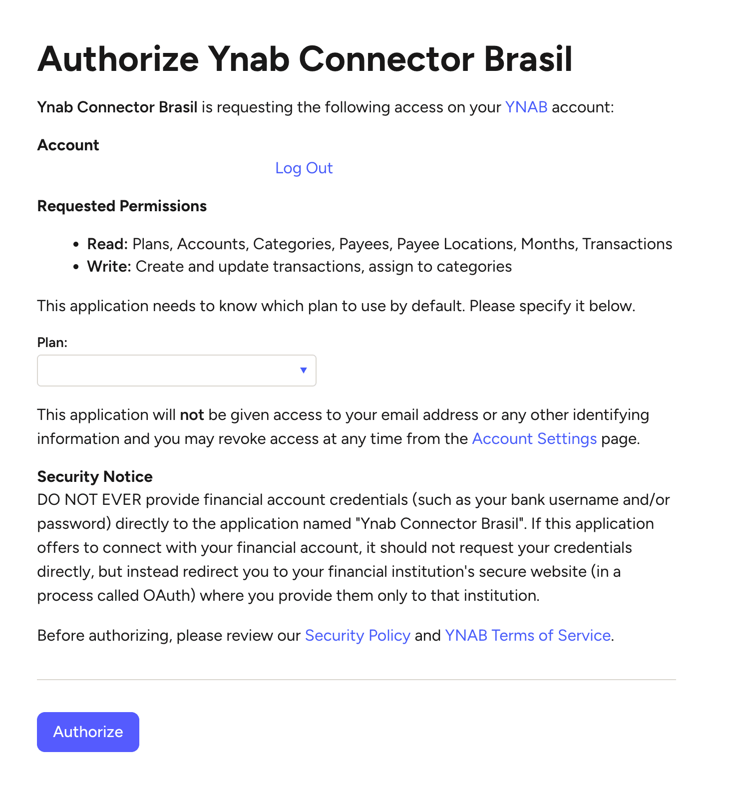 Tela de autorização OAuth do YNAB