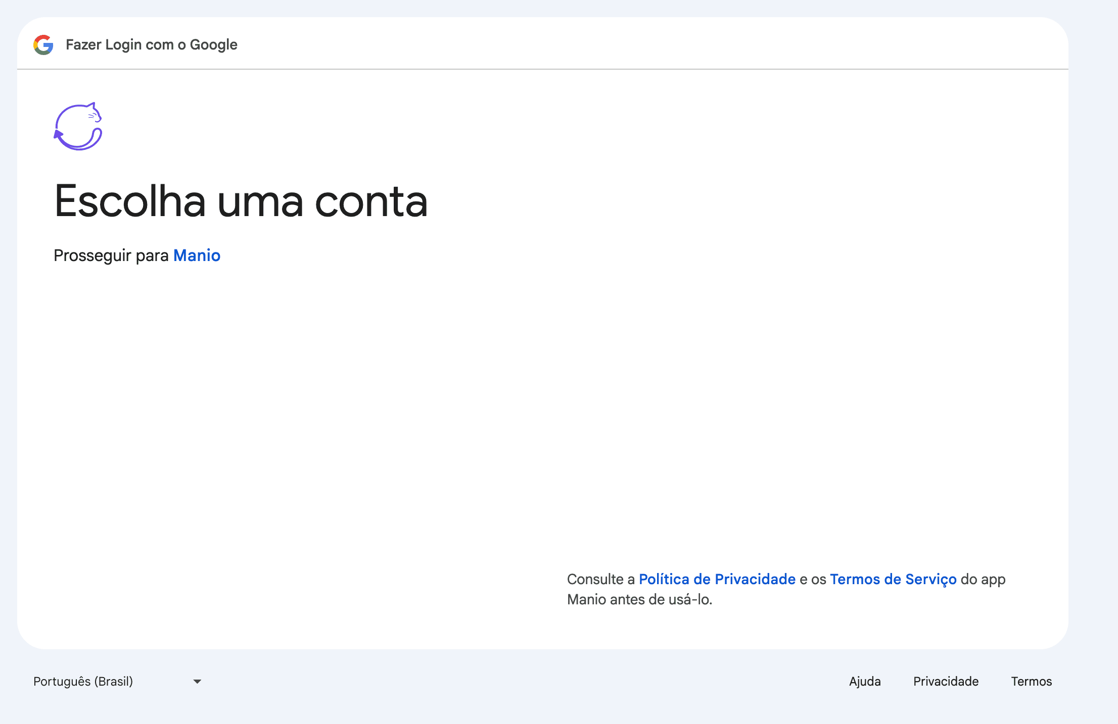 Tela de autorização OAuth do Google Sheets no Manio
