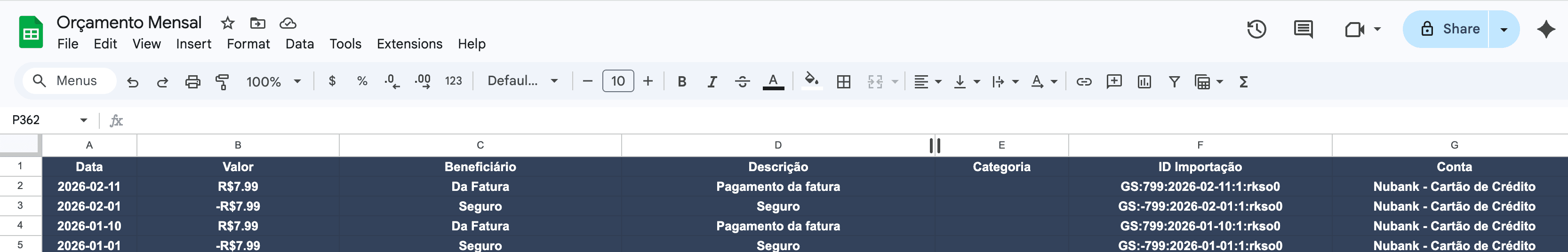 Planilha Google Sheets com transações bancárias sincronizadas automaticamente