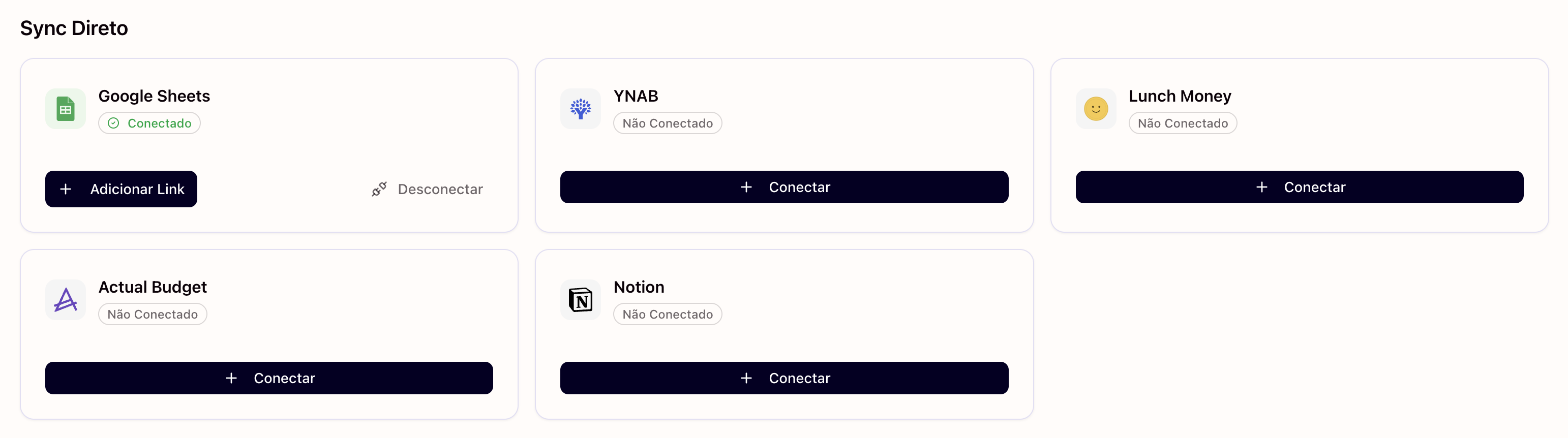 Manio destinations page showing Sync Direto configured with Google Sheets