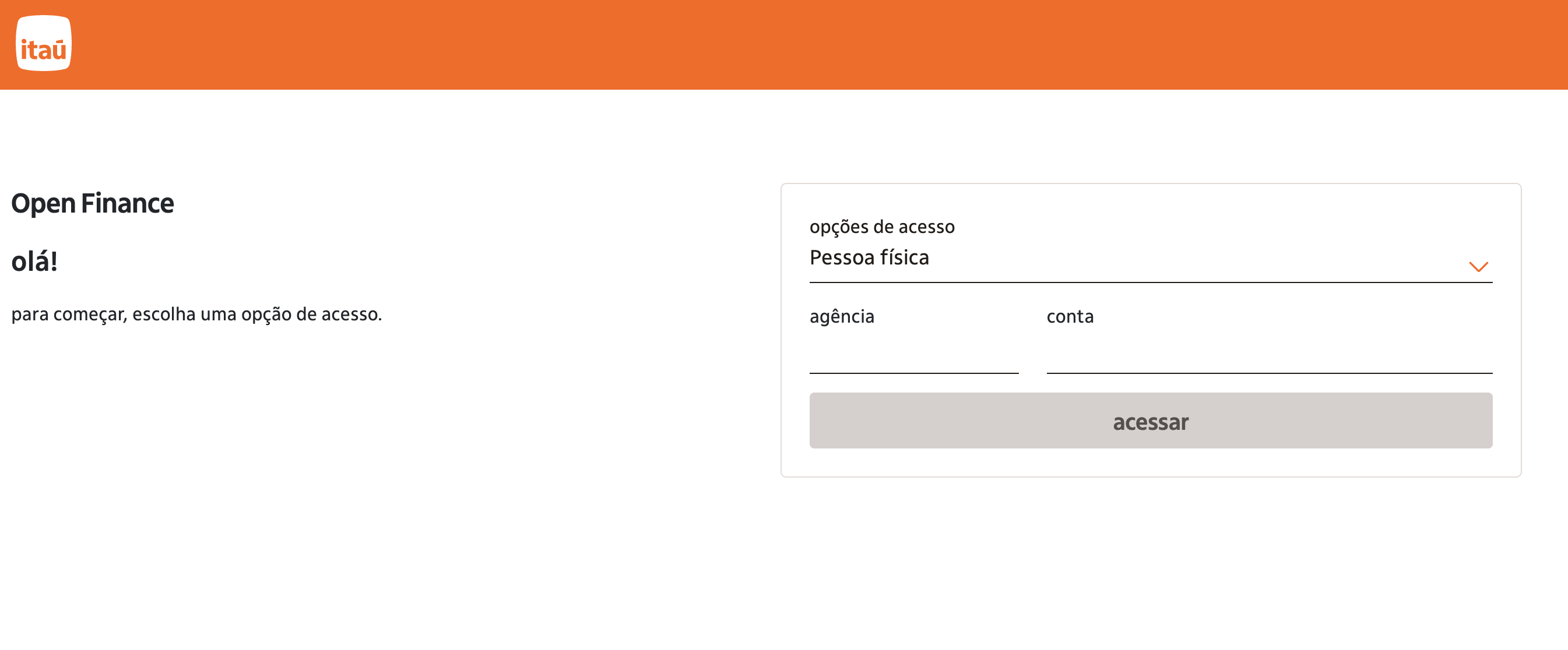 Itau Open Finance consent screen showing account selection